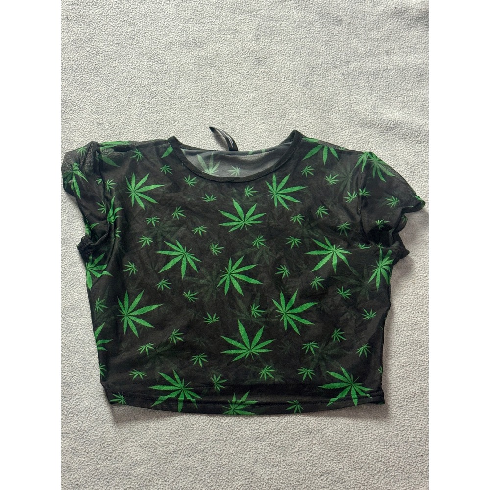 Body Rage Womens Sheer Mesh Cannabis Leaf Print Crop Top Black Green Small